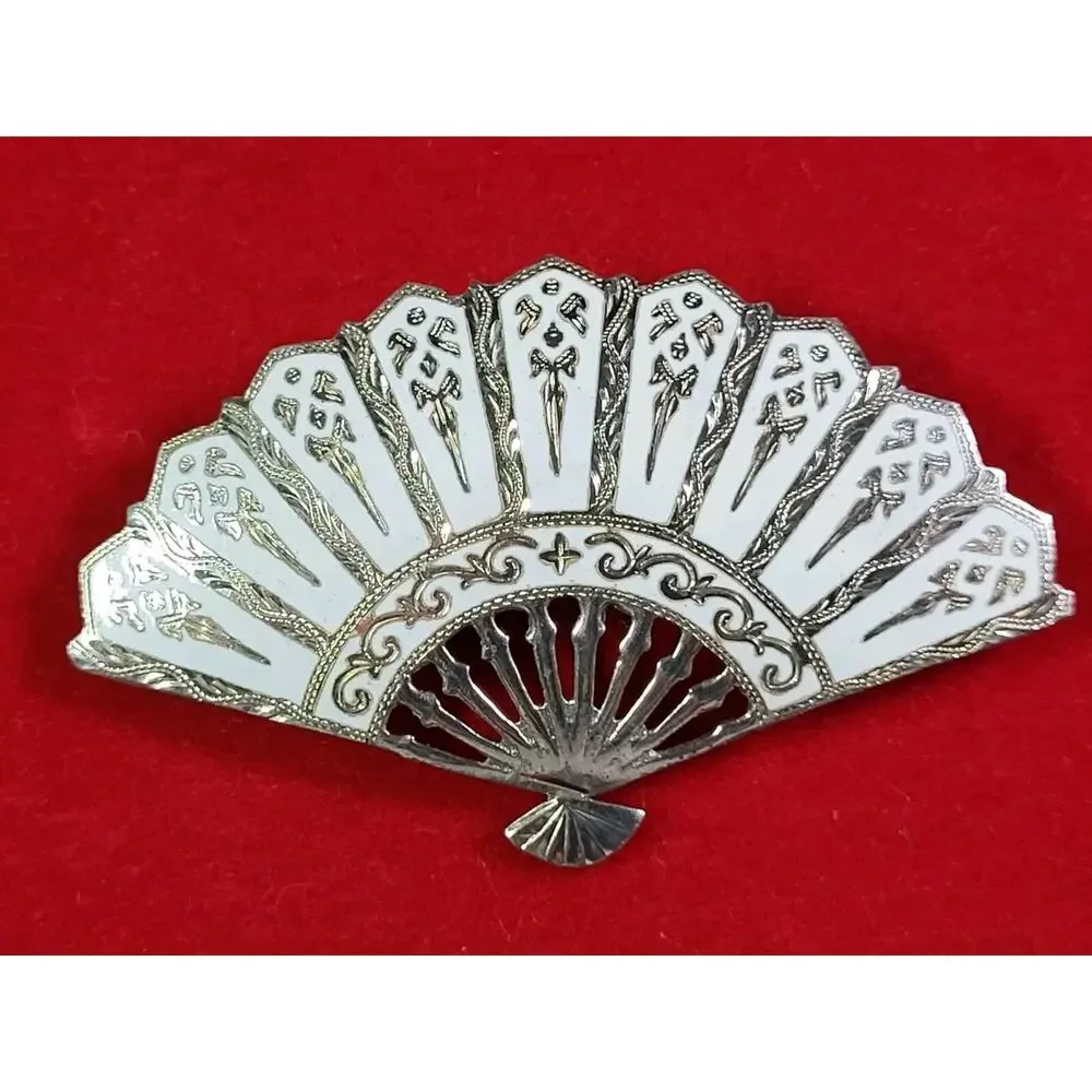 Vintage Rare Siam Goddess Sterling Silver Fan Brooch White Enamel